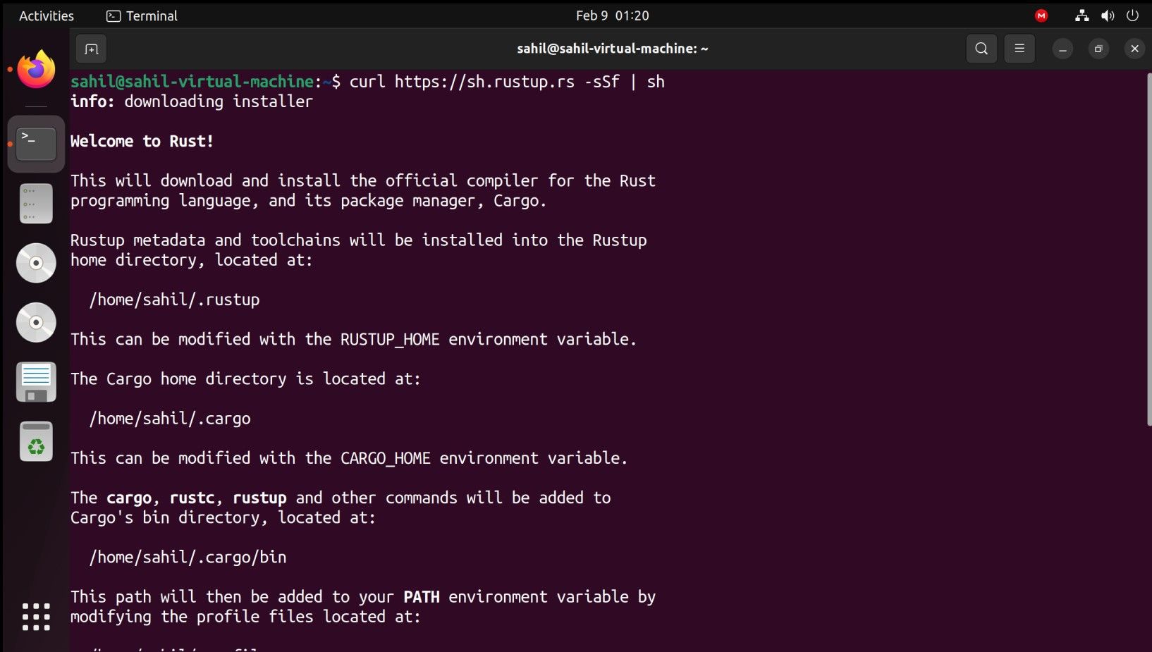 Окно терминала Ubuntu при запуске скрипта rustup