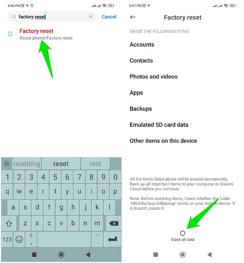 Страница сброса Android