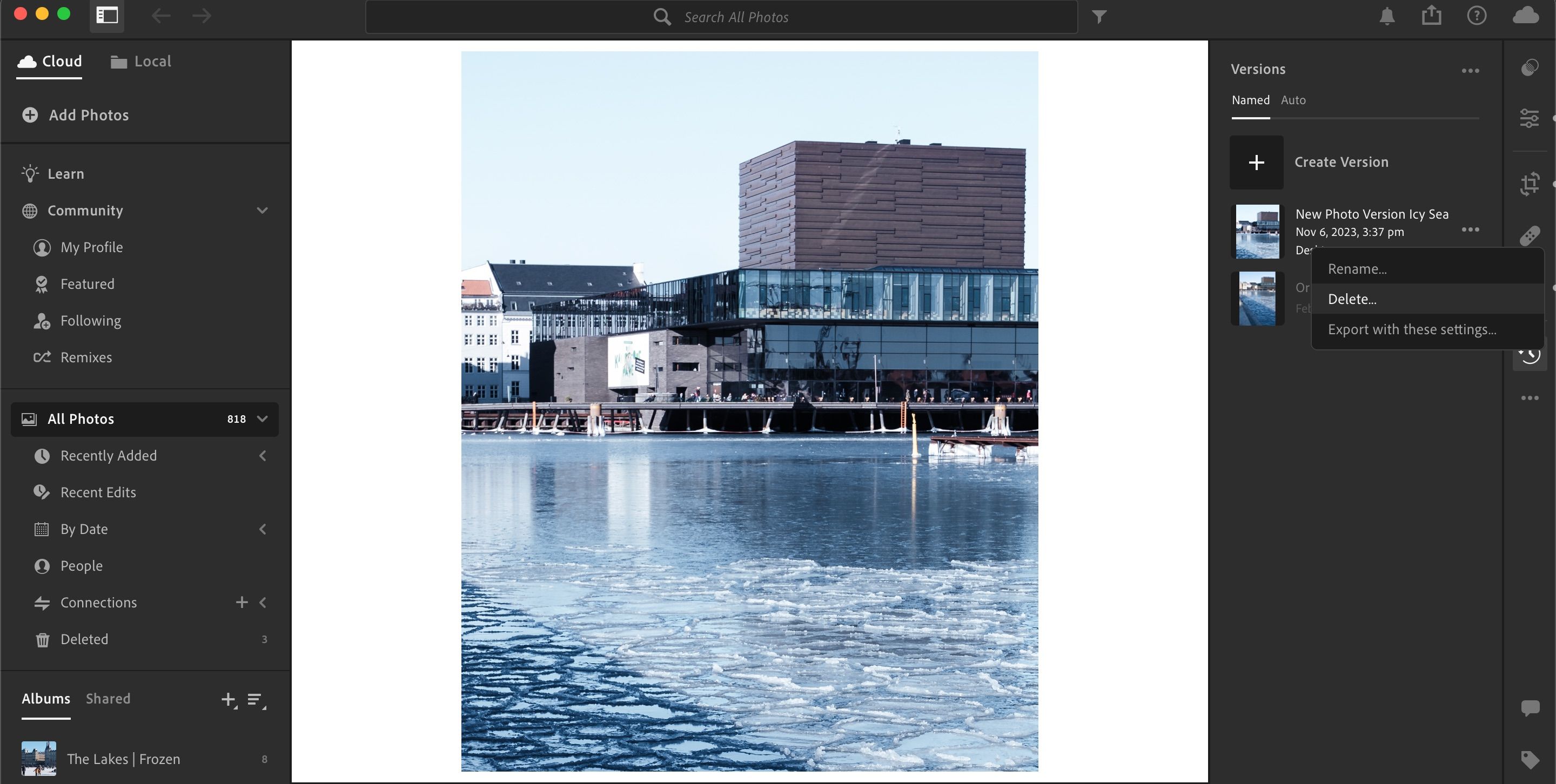 Удаление версии фотографии в Lightroom CC