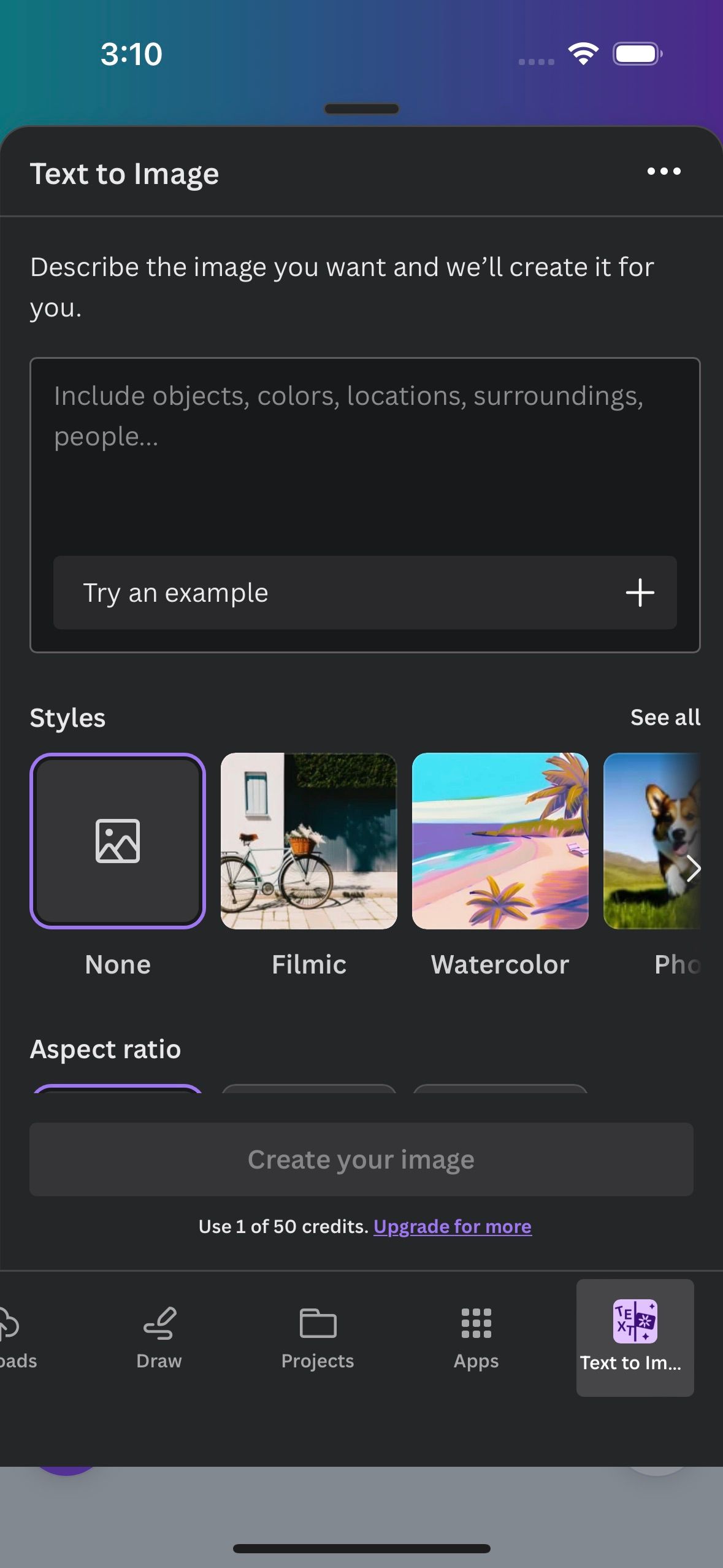 Canva mobile app text to image feature open-2