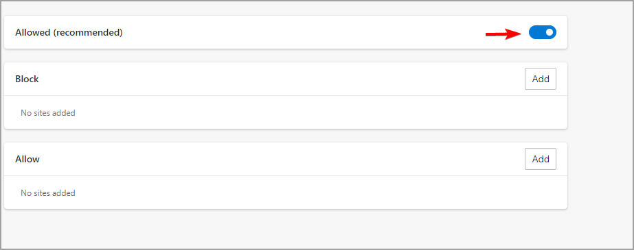 Снимок экрана: отключение JavaScript в Edge