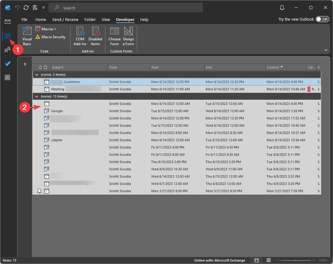 Открытие события в календаре Outlook