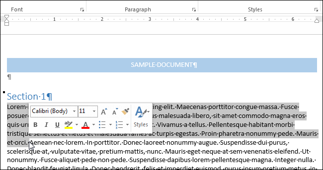 Выделение текста с помощью мыши и появление мини-панели