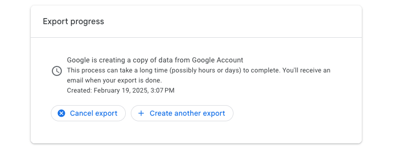 Ожидание экспорта в Google Takeout.