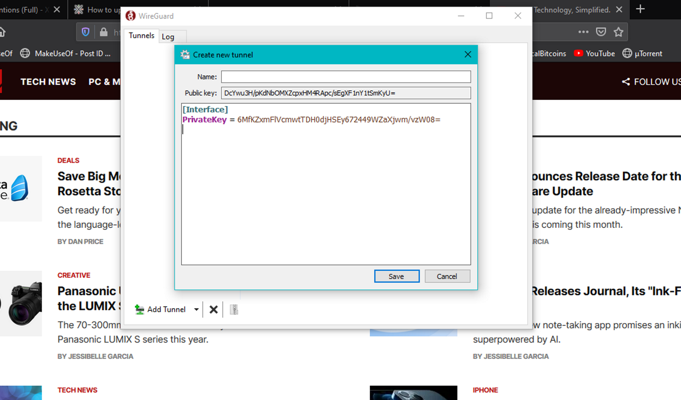 Пара приватного и публичного ключей, сгенерированная клиентом WireGuard