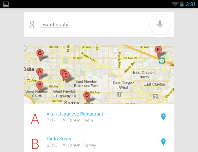 Пример карточки с ресторанами возле вас по заданному типу кухни