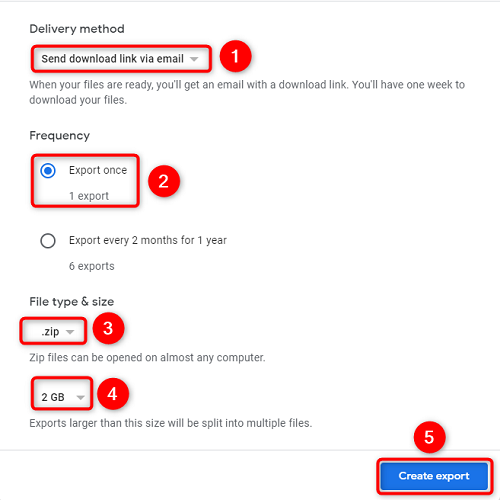 Выбор параметров экспорта в Google Takeout.