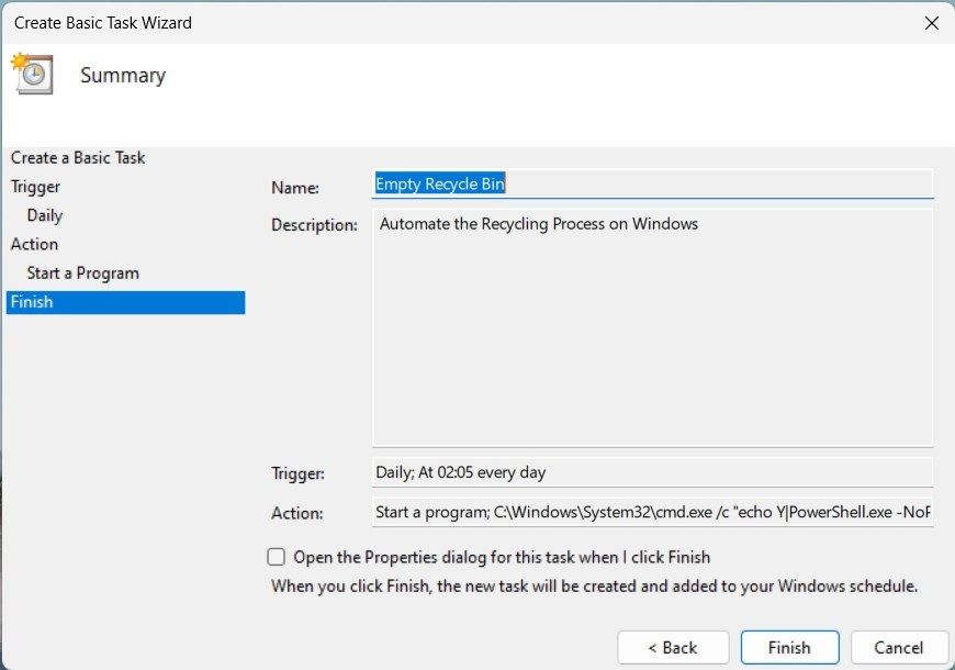 Завершение мастера создания задачи