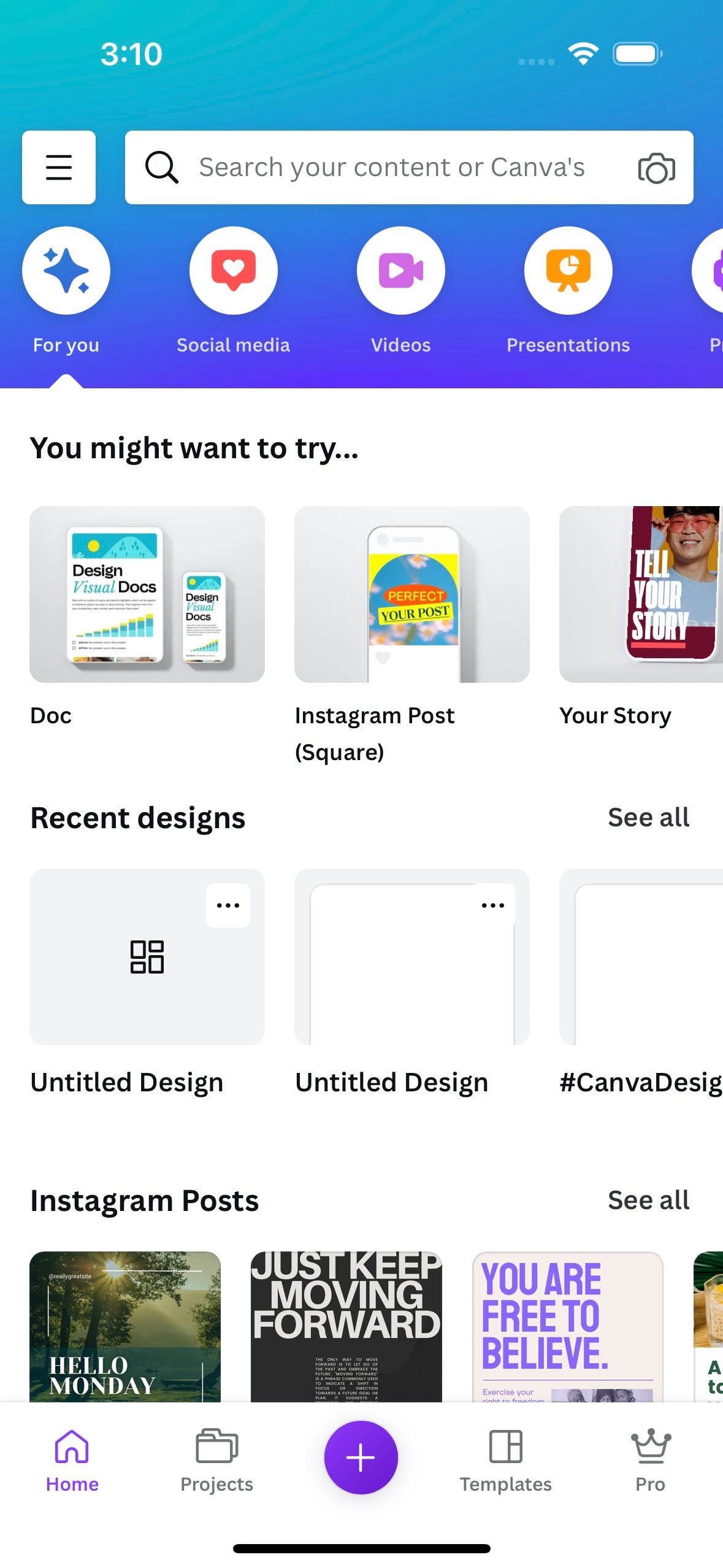 Canva mobile app main page