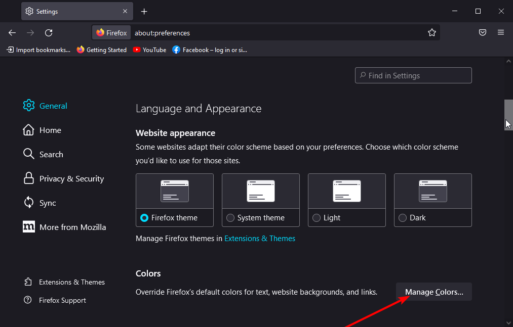 Кнопка Управлять цветами в Firefox для переопределения цветов страниц