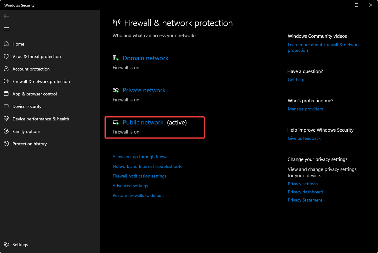 Пункт «Брандмауэр и защита сети» в Безопасности Windows