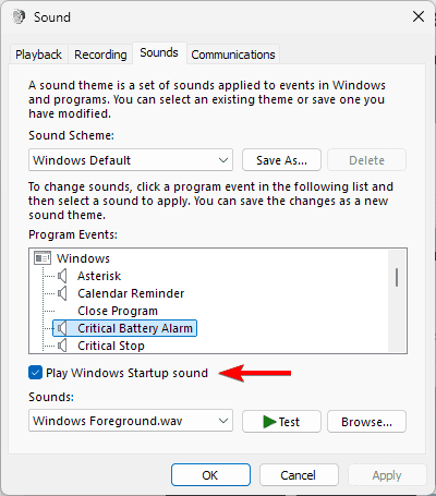 Настройка воспроизведения звука при запуске через Параметры