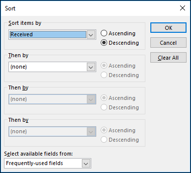 Окно сортировки с выбором поля От для сортировки