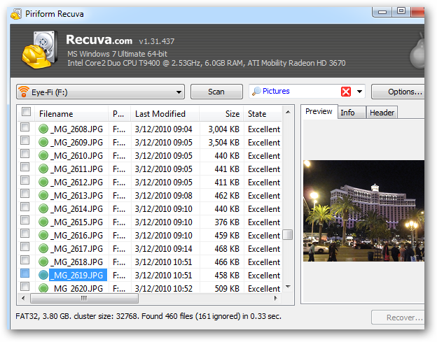 Расширенный режим Recuva с сортировкой по времени изменения