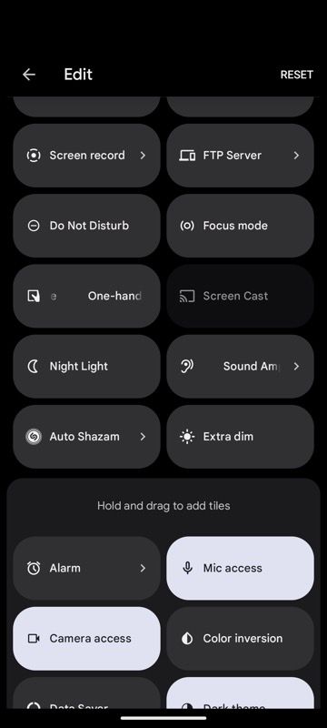 Pixel's Quick Settings tile in edit mode