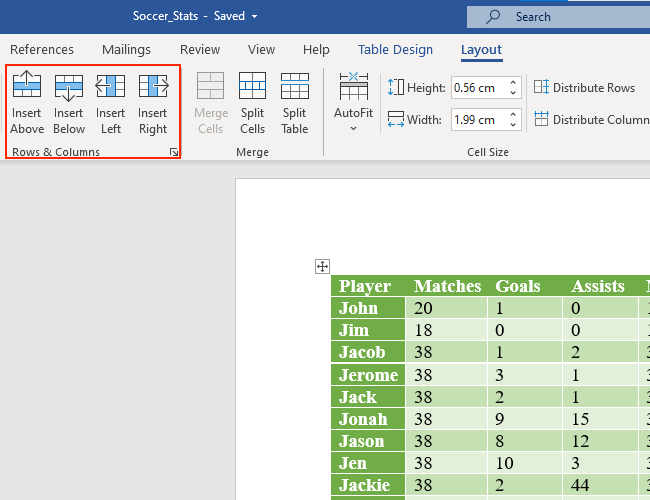 The Rows & Columns part of the Layout tab lets you add rows and columns to Microsoft Word tables
