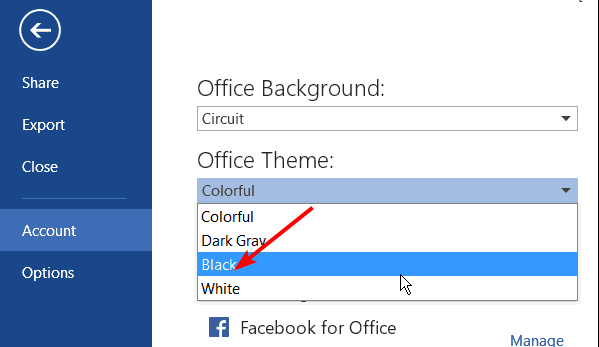 Скриншот меню выбора темы Office с выделенной опцией Чёрная