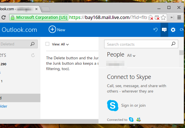 Чат Outlook.com с интеграцией Skype, окно входа и значки сообщений