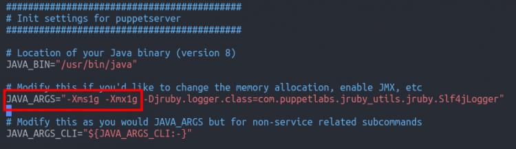 Конфигурация /etc/default/puppetserver с параметрами JAVA_ARGS