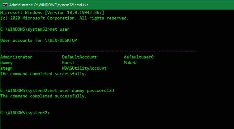 Окно Windows 10: изменение пароля через net user