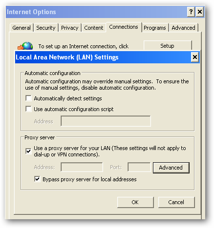 Окно настроек прокси в Internet Explorer, изменённое фальшивым антивирусом
