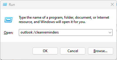 Запуск Run: команда outlook /cleanreminders
