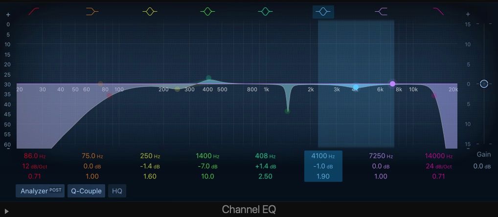 Фильтр для уменьшения атаки в Channel EQ Logic Pro