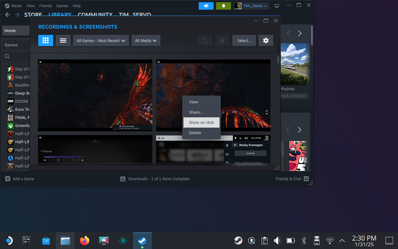 Пункт «Показать на диске» в Steam для перехода к файлам скриншотов.