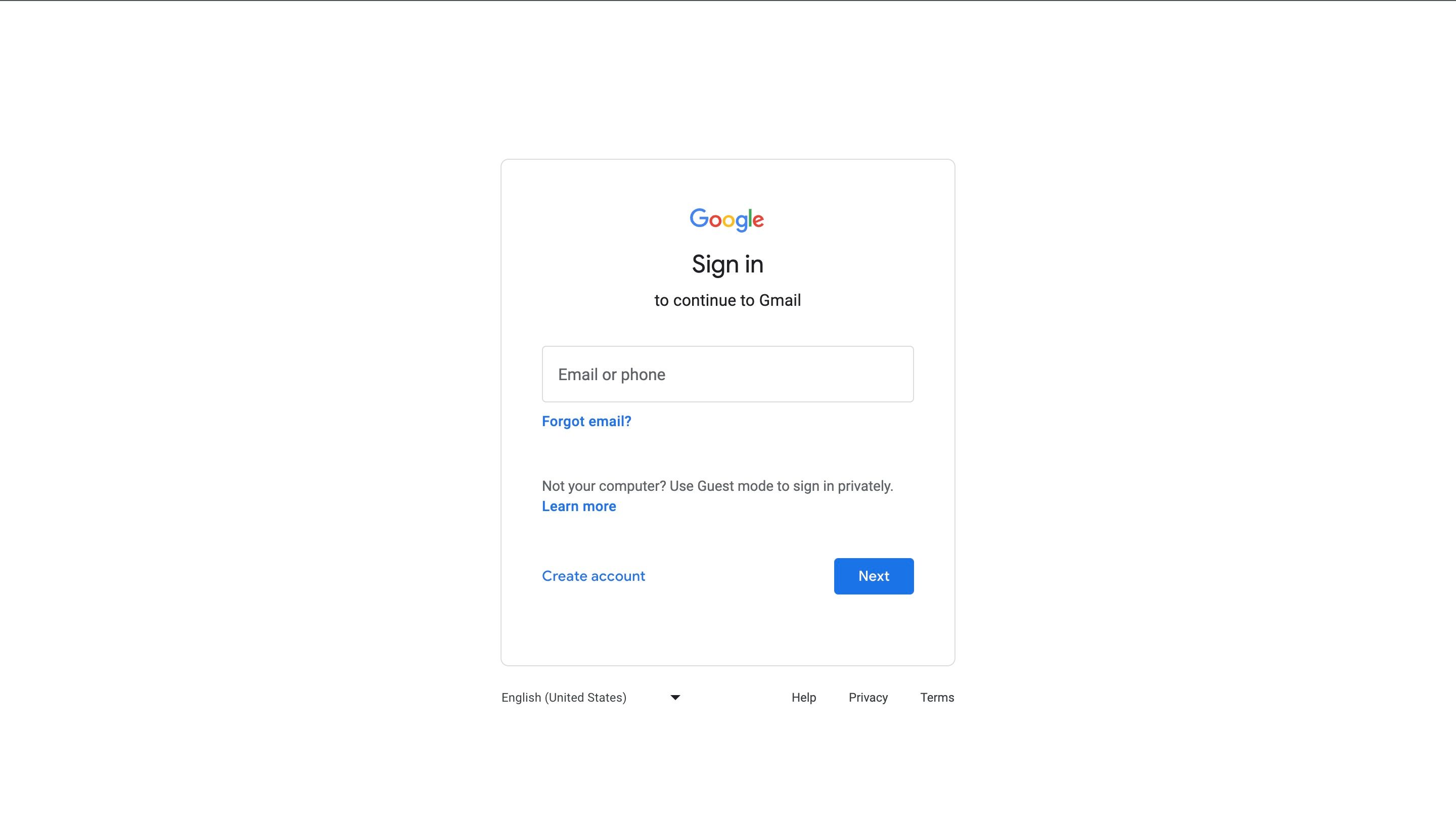 Страница входа Google в браузере