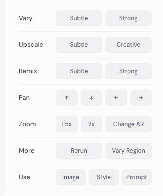 Панель опций изображения, показывающая действия «вариация», «апскейл», «ремикс», «пан» и «изменить регион»