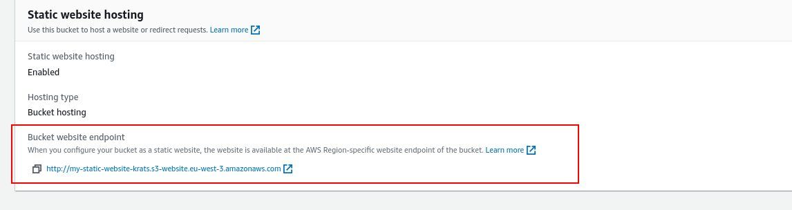 Секция статического хостинга с URL сайта бакета