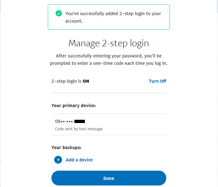 PayPal: подтверждение завершения настройки 2FA — кнопка «Done»