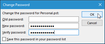 Ввод нового пароля для файла данных Outlook