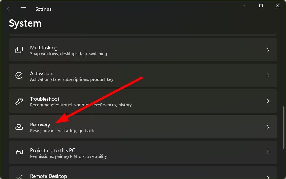 Раздел Восстановление в Параметрах Windows
