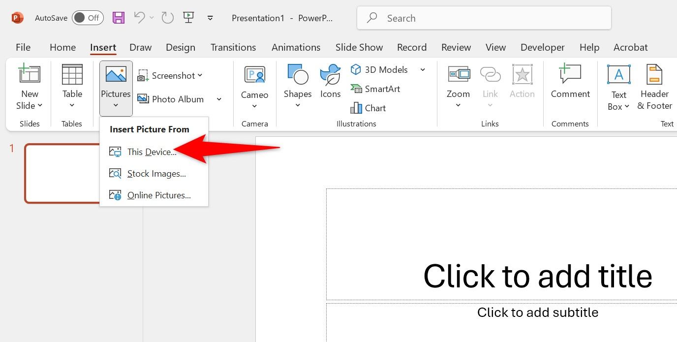 Вставка > Изображения > Это устройство в PowerPoint