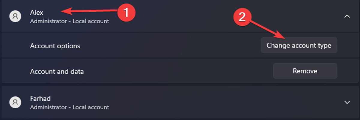 Опция «Изменить тип учётной записи» в настройках