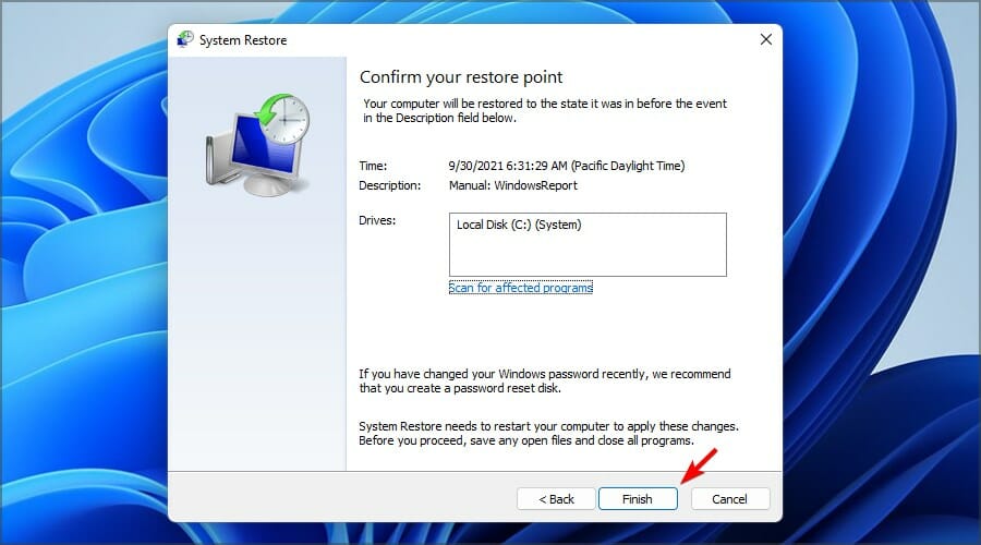 Кнопка 'Готово' для подтверждения восстановления