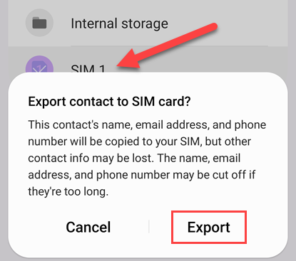 Выберите SIM и нажмите Экспорт.