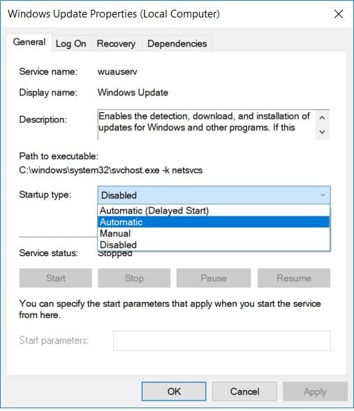 Запуск службы Центр обновления Windows