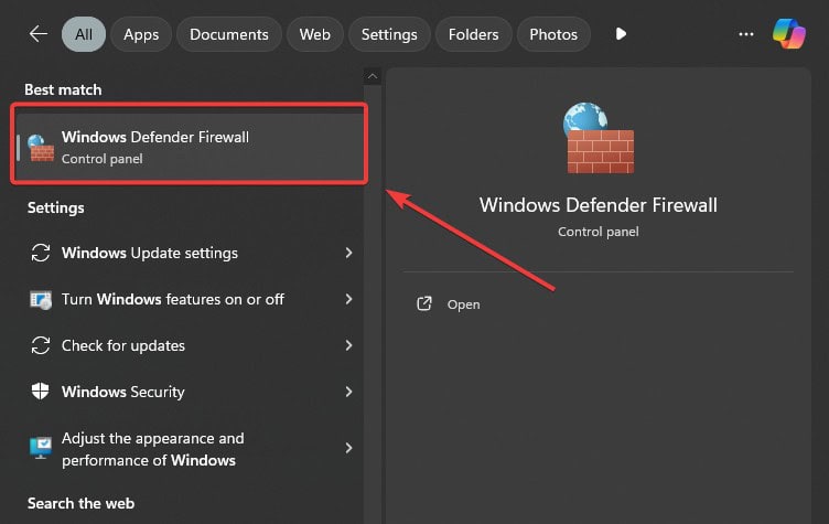 Окно поиска Windows 11: результат «Windows Defender Firewall»