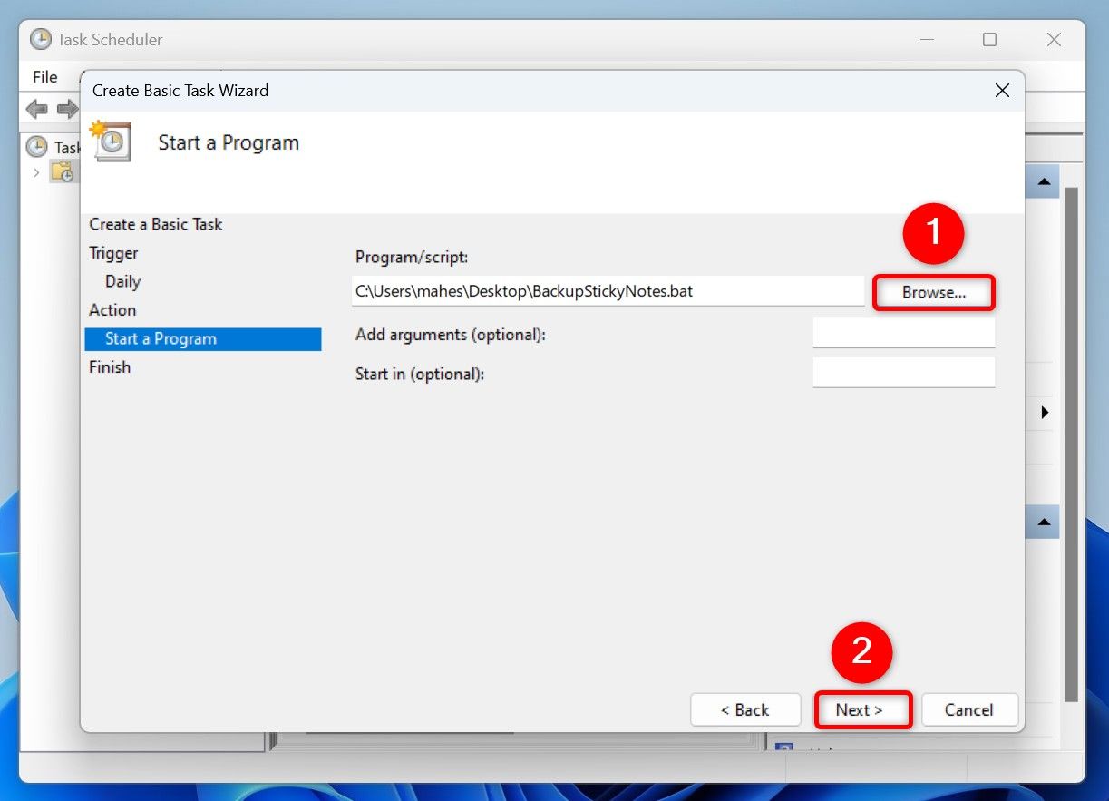 Кнопка Browse для выбора bat-файла в Планировщике.