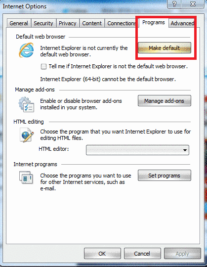 Окно Internet Explorer для установки по умолчанию