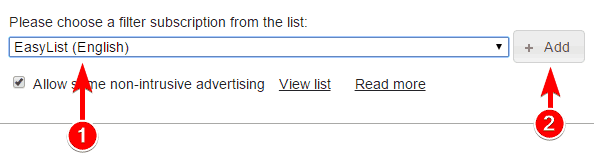 Выбор EasyList в Adblock Plus