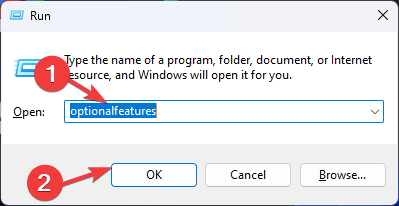 Диалоговое окно Выполнить с командой optionalfeatures