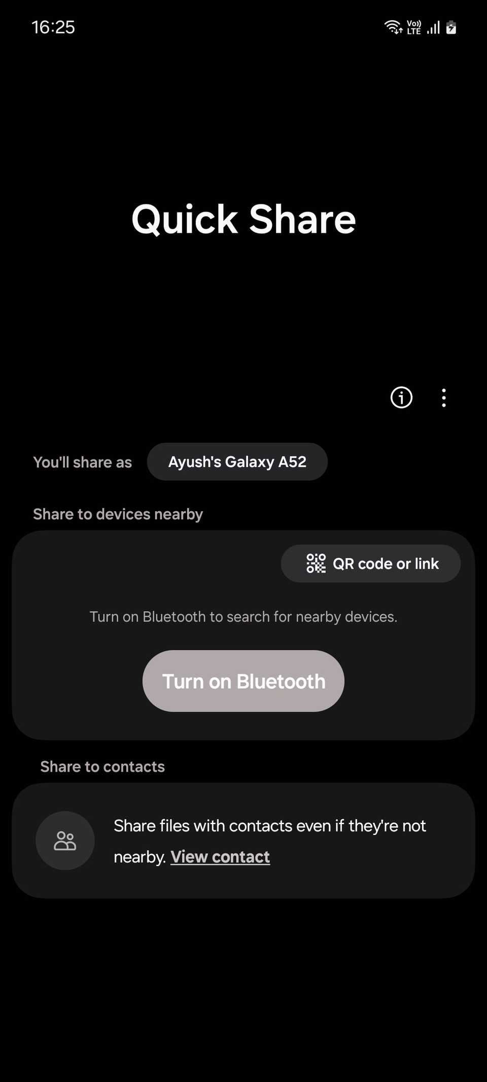Главная страница Samsung Quick Share с доступными опциями