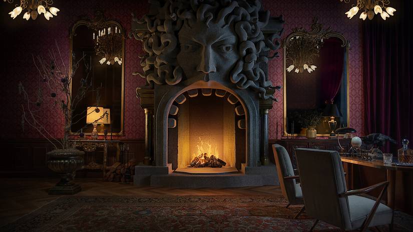 Камин из «Wednesday» — мрачная школьная гостиная