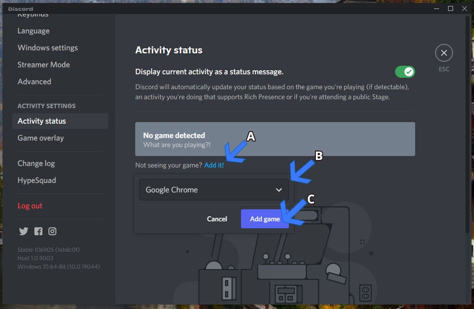 アクティビティステータスでブラウザを追加