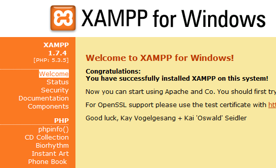 Страница управления XAMPP