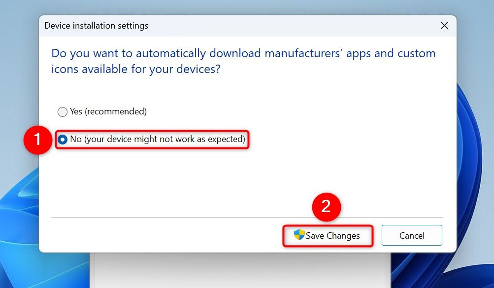 Окно 'Параметры установки устройств' с выделенными 'Нет (Устройство может работать некорректно)' и 'Сохранить изменения'.