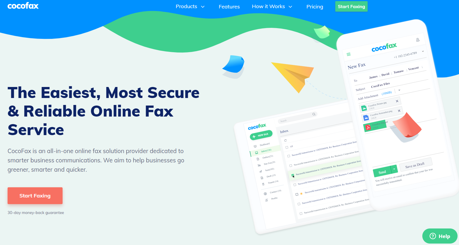 Главная страница CocoFax: пример интеграции с почтой и облаком